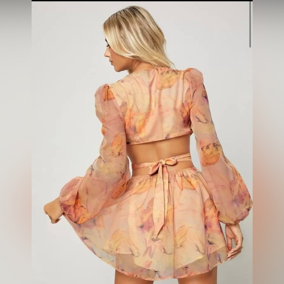 SHEIN X KAREN BARRERA VCAY Lantern Sleeve Knot Cutout Waist Chiffon Romper.XS. - Picture 3 of 7